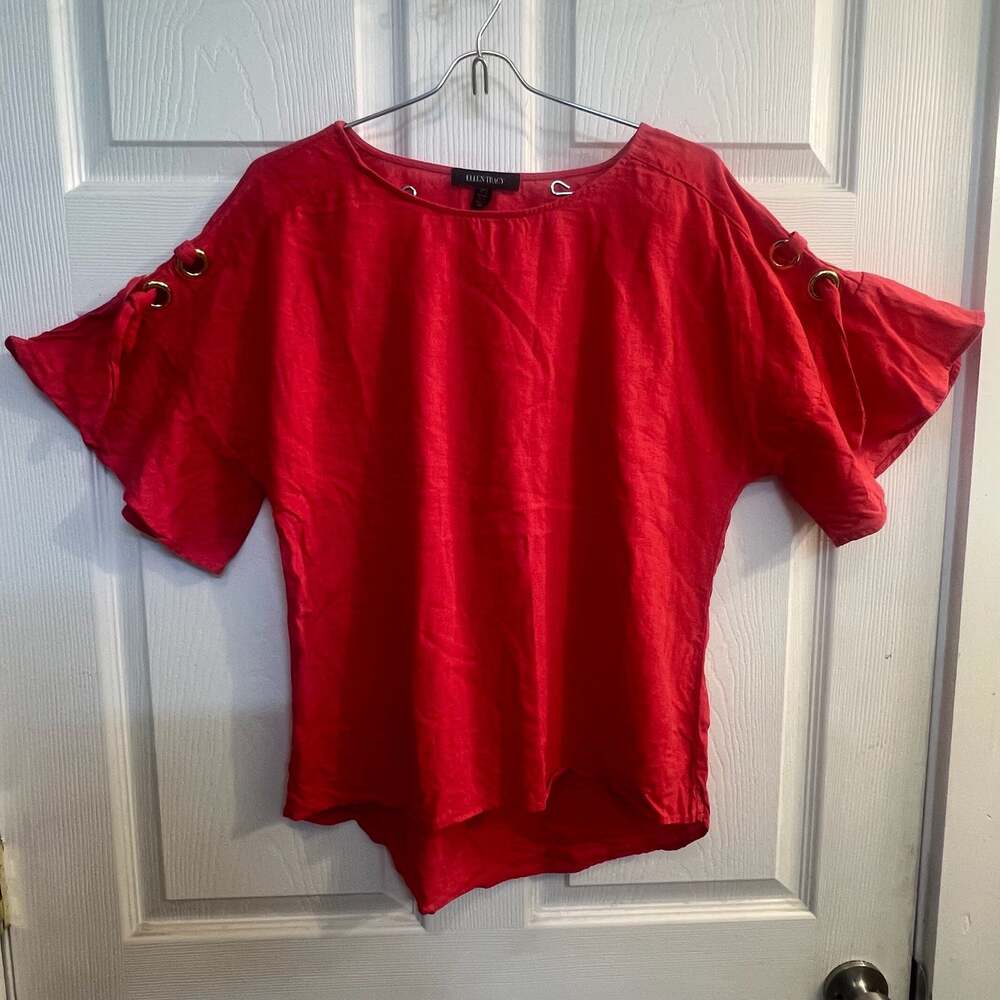 Ellen Tracy Red Linen Blend Dolman Flutter Sleeve Grommet Top Size S Spring